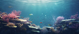 Fototapeta Do akwarium - Sunlit Coral Reef Ecosystem Teeming with Marine Life in Clear Blue Ocean Waters
