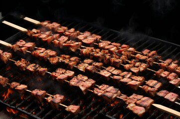 Grilled meat on skewers on barbecue grill, close-up