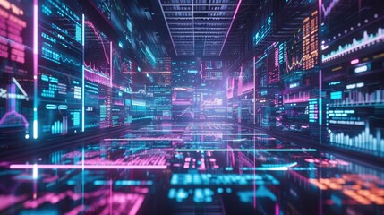 Wall Mural - A virtual stock market floor complete with bustling traders and soaring stock prices immerses the viewer in the dynamic world of financial