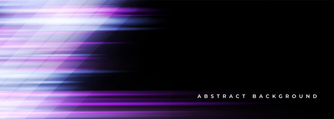 Poster - Black wide modern abstract technology background with purple and blue glowing high-speed and movement light effect. Vector illustration banner with diagonal stripes.
