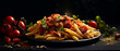 Penne Pasta with Spicy Tomato Sauce and Basil Leaves on a Dark Green Background