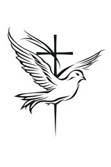 Sticker - Vector image of a flying dove and a cross on a white background. Line drawing.