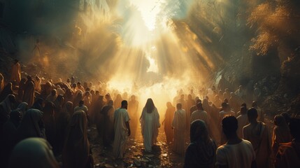 Wall Mural - Jesus appears to his followers in the rays of light. Biblical scene at sunrise. Digital painting.