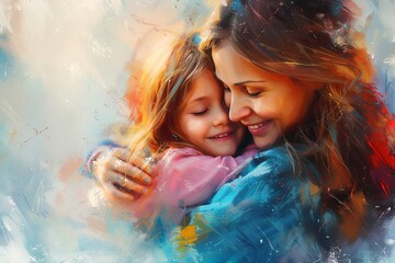 Capture a heartwarming moment in an image where a cute preschooler daughter hugs and cuddles with her smiling young mother