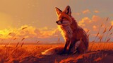 Fototapeta Dziecięca - a painting of a fox sitting in a field of tall grass with the sun setting in the sky behind it.