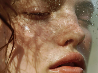 Portrait of beautiful natural woman with dewy wet skin