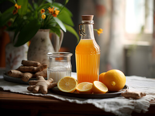 Wall Mural - Homemade lemon ginger drink in a glass bottle on wooden table, blurry bright background 