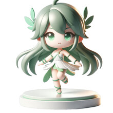 Chibi Anime Character Figurine With Green Leaf Motif, Cute Manga-Inspired Collectible