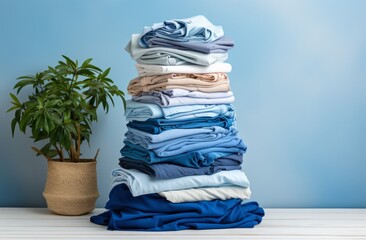 a stack of laundry stacked on a white table