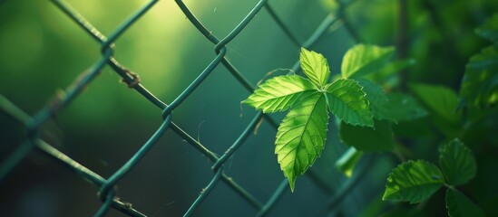 A terrestrial plant is sprouting on a chain link fence, creating a unique pattern of nature blending with man-made structure.