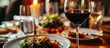 Delicious gourmet meal with a glass of exquisite red wine, perfect for a romantic evening dinner celebration