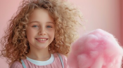 Wall Mural - girl, 10 years old, stands smiling and looking at the camera, holding a large pink cotton candy in her hand