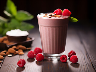 Wall Mural - Delicious hight protein chocolate smoothie in a glass with fresh raspberries on top, wooden table