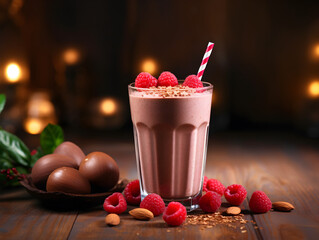 Wall Mural - Delicious hight protein chocolate smoothie in a glass with fresh raspberries on top, wooden table