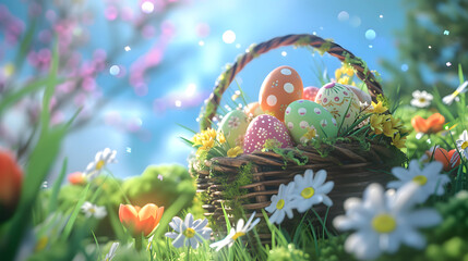 Wall Mural - Color easter eggs and fairy nature background - Celebration design