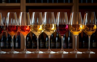 Poster - a row of wine glasses containing different kinds of wine