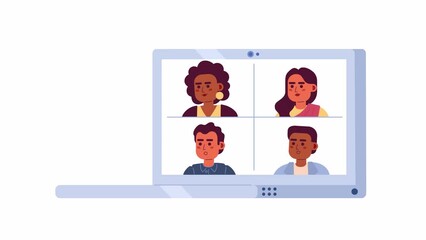 Poster - Laptop with group video call 2D object animation. Online meeting with colleagues on notebook flat cartoon 4K video, transparent alpha channel. Virtual meeting. Teleconference animated element on white