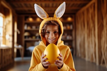 Wall Mural - a young boy is holding an easter egg while wearing bunny ears