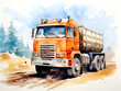 Watercolor illustration of an orange truck on the road with blue sky 