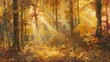 An enchanting forest bathed in golden sunlight, with majestic trees towering overhead 