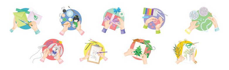 Hands Creating Craft in Workshop Top View Vector Set