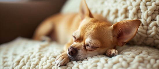 Canvas Print - Adorable small dog peacefully napping on comfortable couch in cozy living room interior