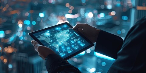 Wall Mural - it technician using a tablet with cloud-based service running and a modern and futuristic city in th
