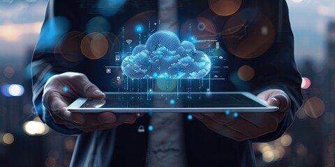 Wall Mural - it technician using a tablet with cloud-based service running and a modern and futuristic city in th