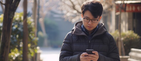 Poster - Handsome man in stylish jacket looking attentively at his mobile phone device and texting messages