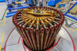 Closeup view of transformer core in the factory workshop.