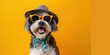 Dog wearing sunglasses, hat, and bandana on bright and vibrant summer background