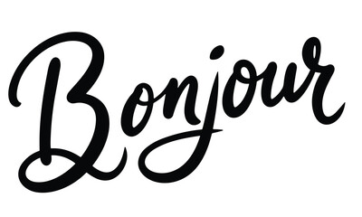 Poster - Bonjour inscription. Handwriting text banner Bonjour in black color square composition. Hand drawn vector art.