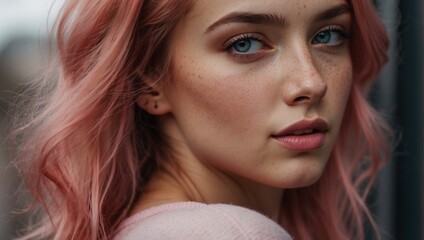 Wall Mural - Portrait of a gorgeous young woman with long pink hair and a freckles. A beautiful face and a pleasant appearance.