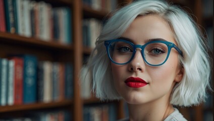 Wall Mural - Portrait of a gorgeous young woman with white hair and a blue glasses. A beautiful face and a pleasant smile. Library background.