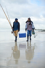 Wall Mural - Fisherman, friends and walking on beach for fishing in the morning by sea with happiness, equipment or sky. Friendship, men and net with bonding, travel or rod by water for hobby, holiday or activity