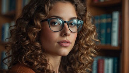 Wall Mural - Portrait of a gorgeous young woman with long curly brunette hair and a glasses. A beautiful face and a pleasant smile. Library background.