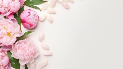 Wall Mural - composition of a bouquet of pink peony flowers, top view with copy space on a white background