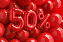 50% Off Discount Promotion Sale Made Of Realistic 3d Red Helium Balloons. Illustration Of Balloon Percent Discount Collection For Your Unique Selling Poster, Banner Ads ; Christmas, Xmas Sale And More