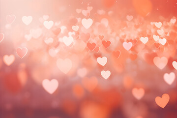 Wall Mural - Valentines day background. Blurred heart shape bokeh background in white, red, peach fuzz colors