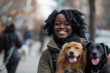 A Joyous Woman Radiating Happiness While Surrounded By Two Furry Companions Of A Similar Breed, All Captured In An Outdoor Setting On A Bustling Street, Showcasing Her Genuine Smile And Casual Attire
