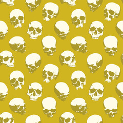 Wall Mural - Seamless pattern with human skulls. Vector background with sinister smiling skulls in retro style. Graphic print for clothes, fabric, wallpaper, wrapping paper