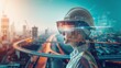 Female engineer with a hard hat overlaid with urban cityscape and digital interface, symbolizing vision