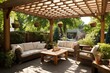 © Lubos Chlubny - Cozy patio with sofas and a table. Pergola shade over patio.