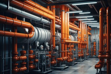 Poster - Modern industrial building with pipes, heat exchangers and valves.