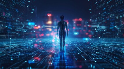 Poster - A cybernetic entity with a human silhouette glowing with data and network connections in a dark space