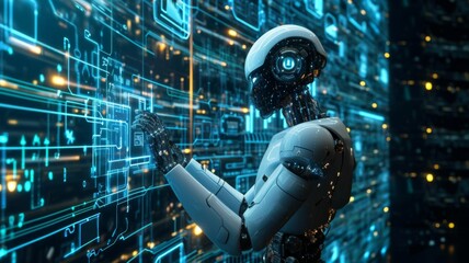 Poster - Close-up of a robot's hand touching a holographic screen with digital blueprints, symbolizing AI interaction