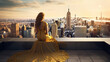 Elegant woman in golden evening gown enjoying cityscape at sunset