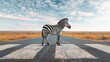 A zebra stands on a road with its stripes merging into the painted road markings in a surreal landscape.