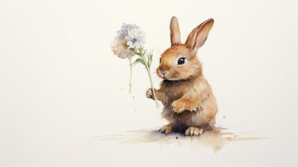 Wall Mural - A cute Easter bunny in a meadow among blooming flowers and with colored eggs, a spring day during the Easter holidays.