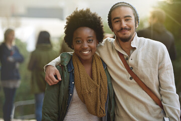 Poster - Students, university and portrait of couple of friends on campus with hug and embrace outdoor. College, school education and diversity with a happy smile from bonding and walking to class for study